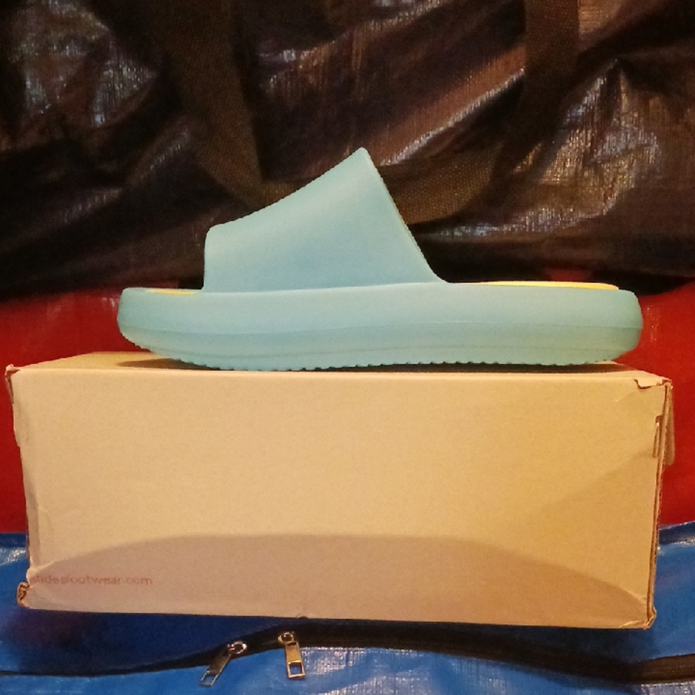 Turquoise and Yellow Slide Sandals